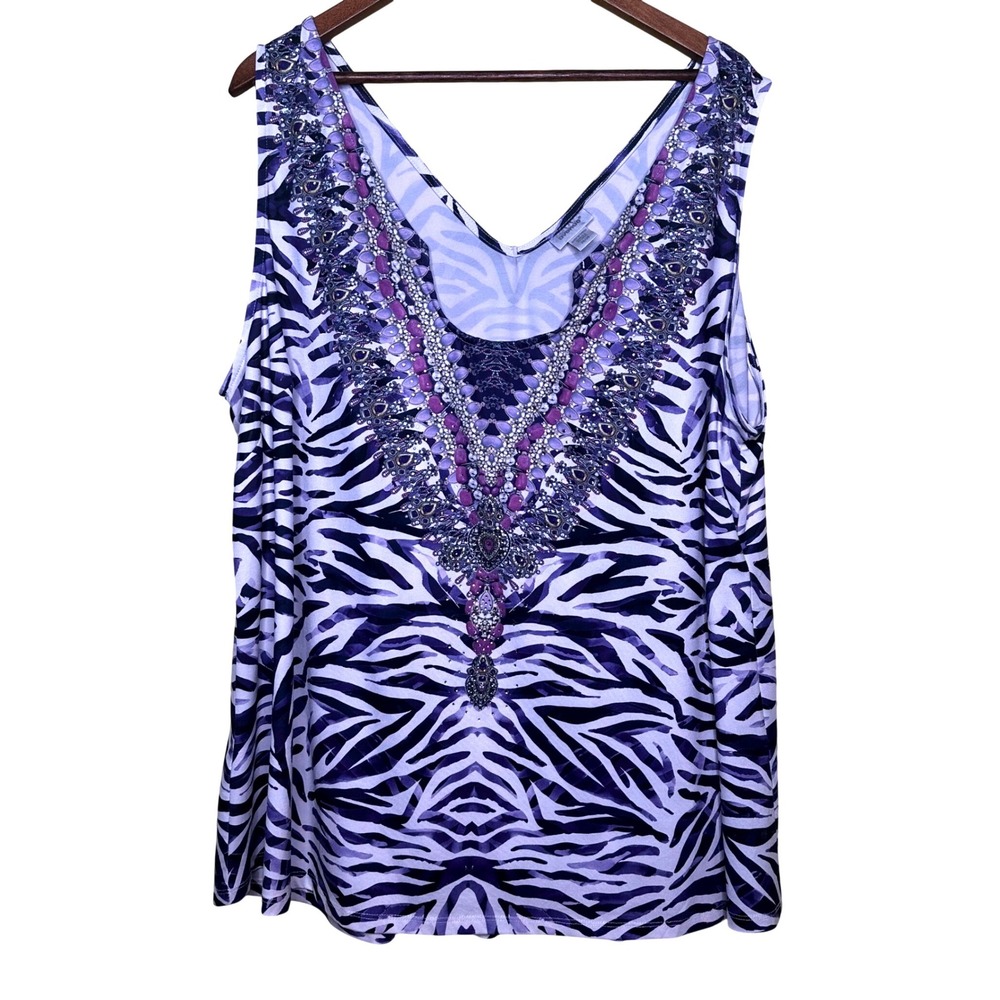 Avenue Purple Zebra Print Embellished V-Neck Tank Top Plus Size 26/28